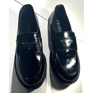 Prada Womens Chocolate Brushed Leather Loafers Color Black Size 8